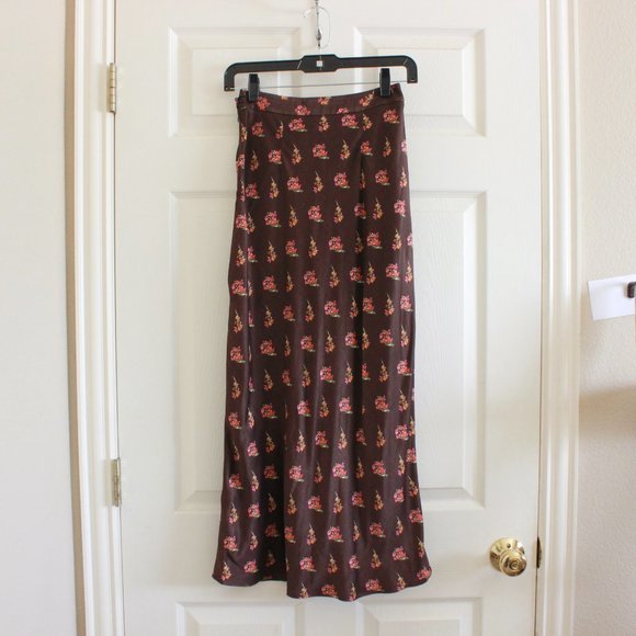 Something Navy Satin Midi Skirt Floral Print Brown - Picture 9 of 9